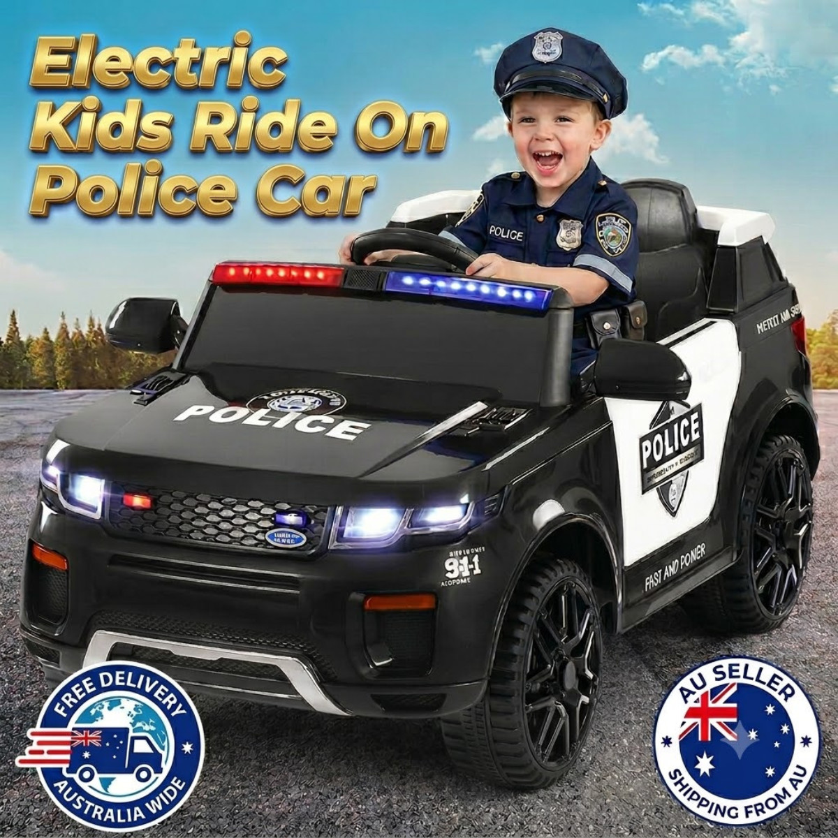 Police Ride On Car for Kids Electric Vehicle Horn Music Remote Black