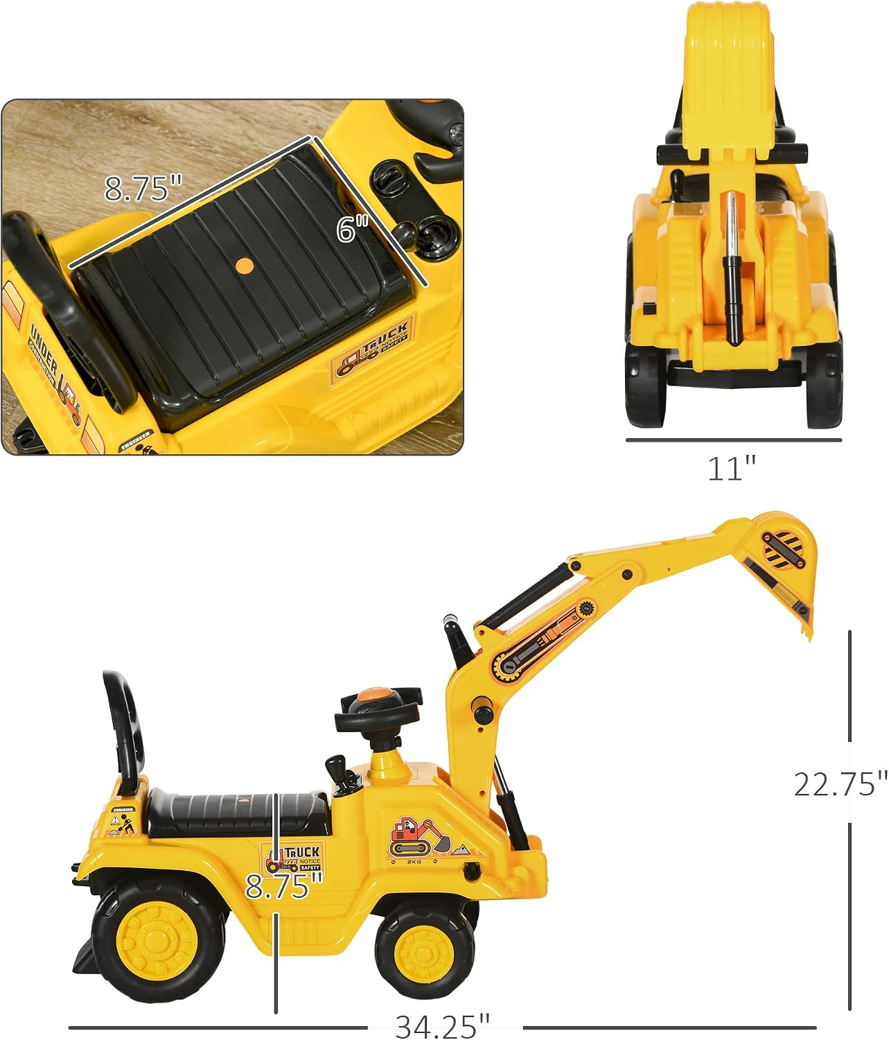 Ride on Excavator Pull Cart, Kids Digger Ride on Truck with Horn, under Seat Sto