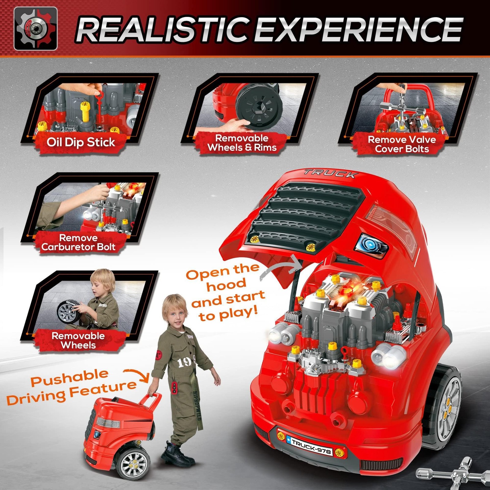 Qaba Truck Engine Toy, Kids Mechanic Set with Lights, Sounds, Steering Wheel …