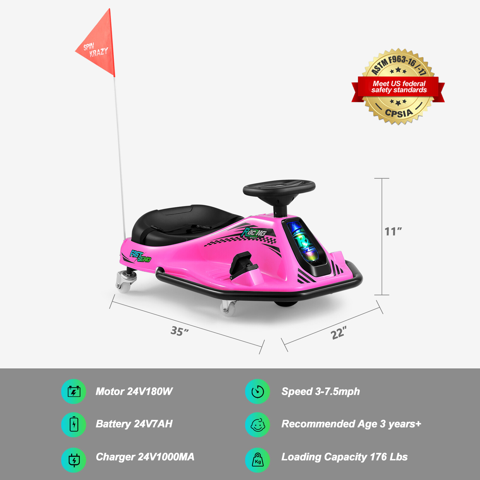 24V Electric 360° Rotating Ride On Drifting Car with 2Speed,Flag,Bluetooth,Music