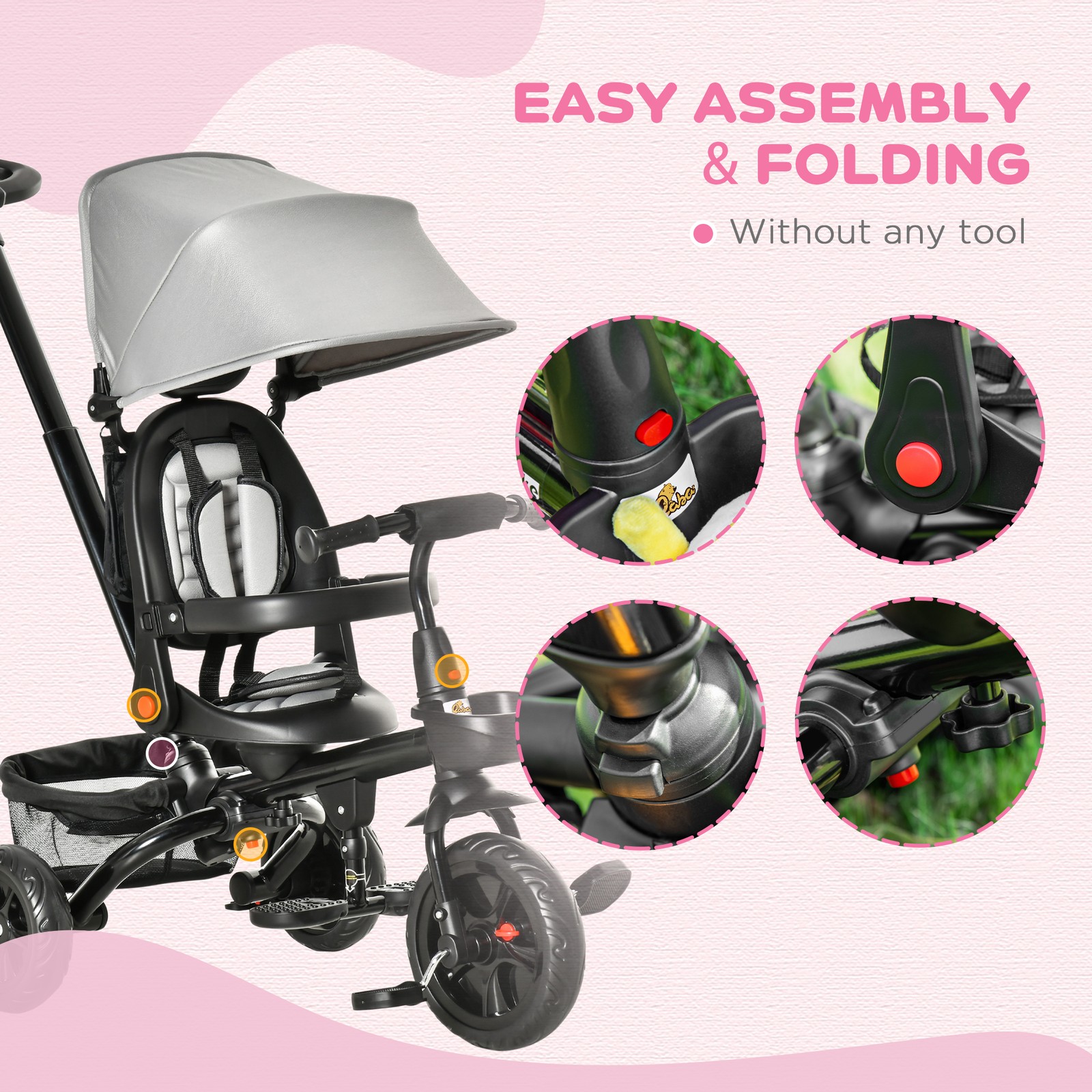 4 in 1 Adjustable Baby Tricycle w/ Removable Handle, Brake, Cover