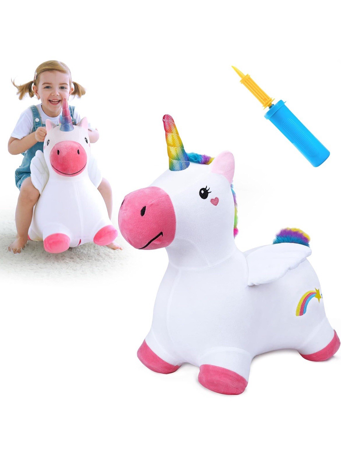 Bouncy Pals Unicorn Ultra-Soft Plush Inflatable Ride-On Toy with Pump