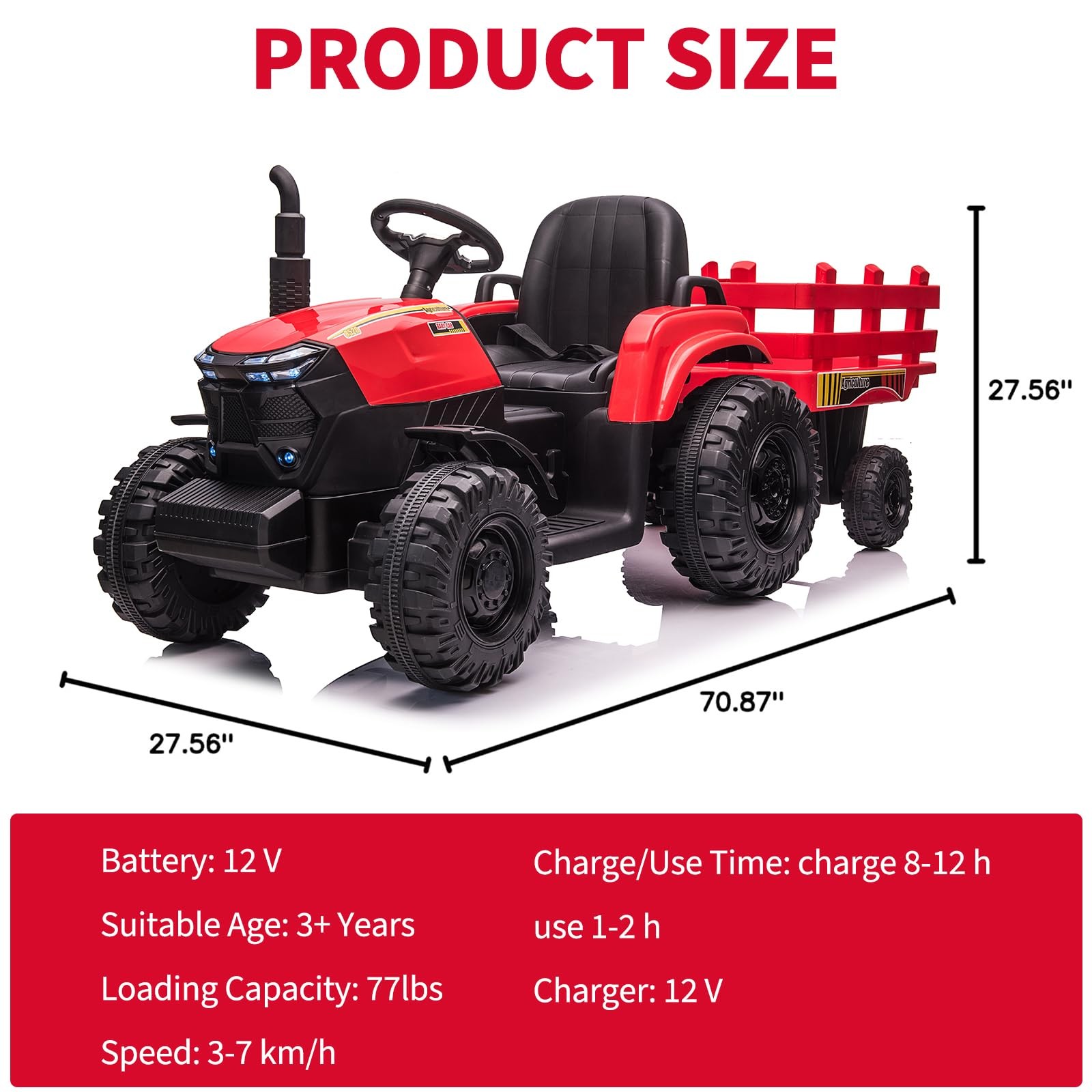 Tractor with Detachable Trailer Toddler Ride On Car/7-LED Headlight Electric 12V