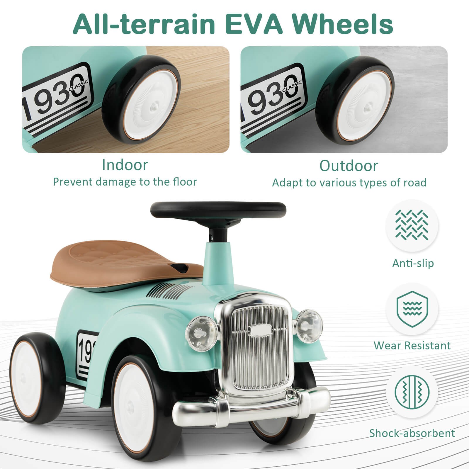 Retro Kids Ride-on Toy w/ Working Steering Wheel, Storage Space, DIY Stickers