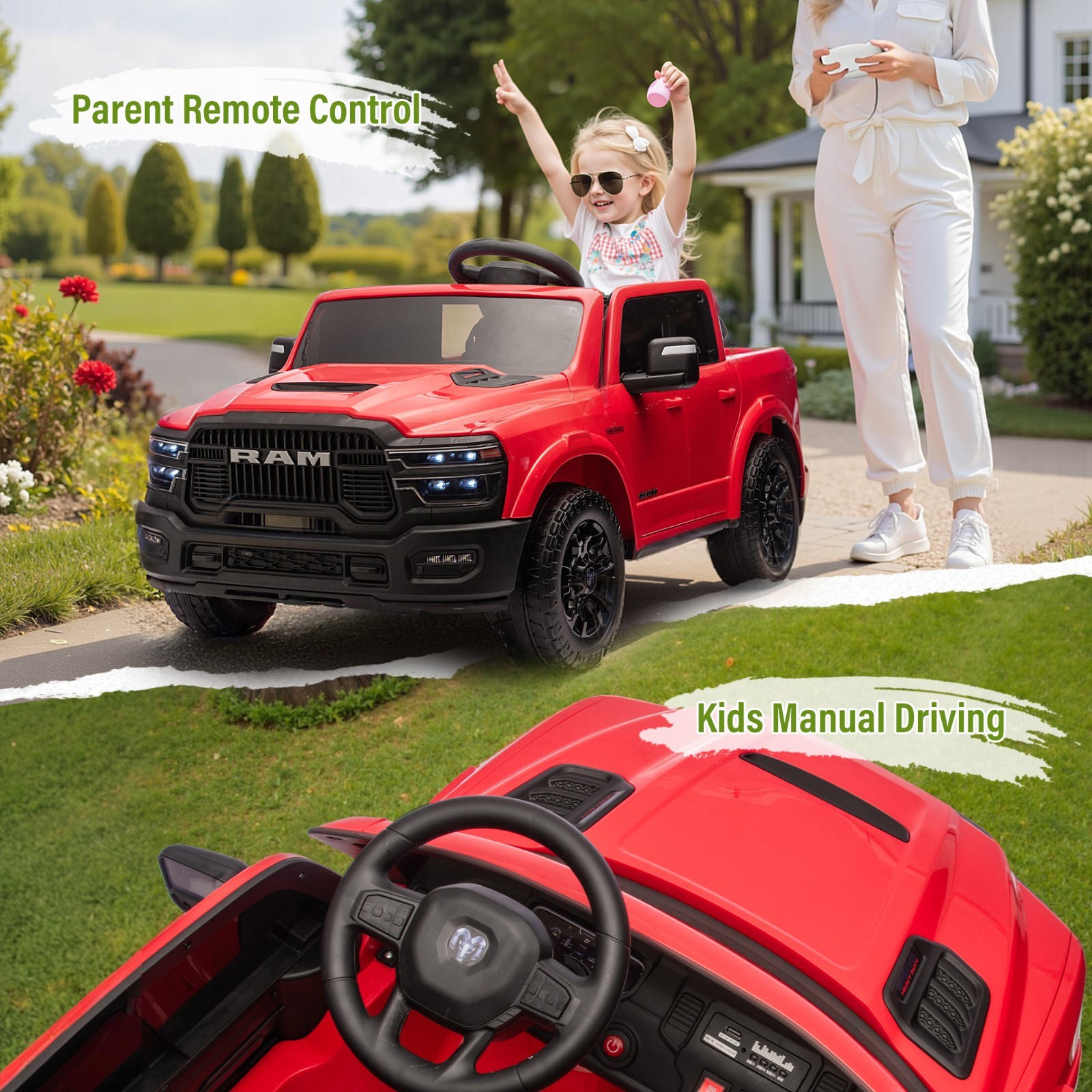 24V Kids Electric Car 2 Seater Ride on Truck w/Remote,Power Wheels Toys, Red
