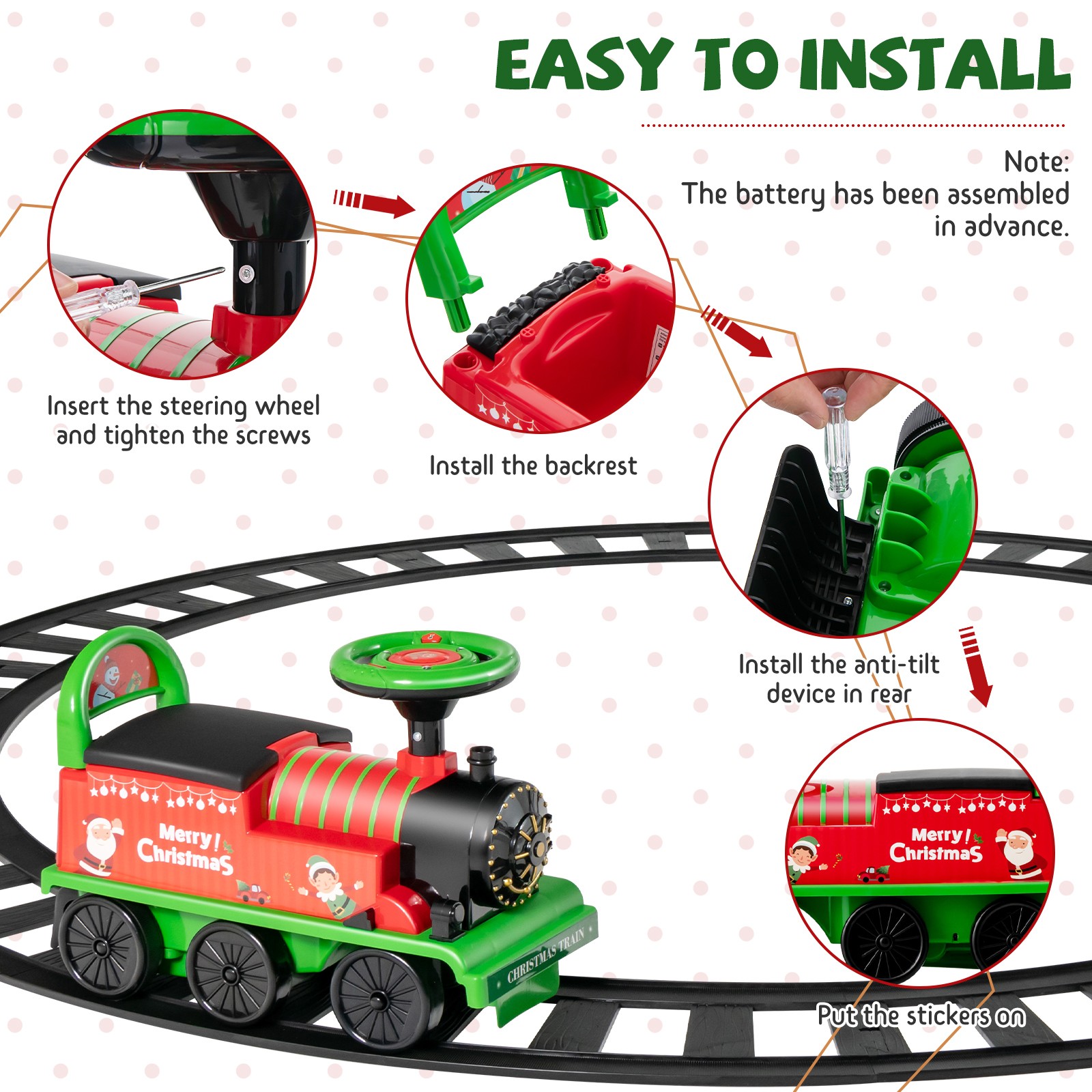 6V Electric Kids Motorized Train Toy with Unique Train Outlook & Stickers Green