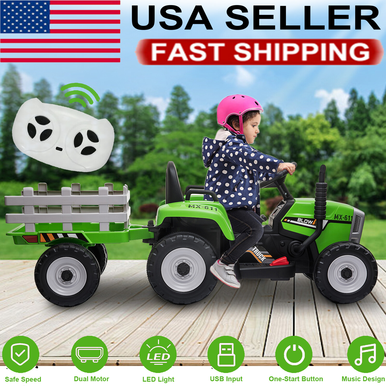 Kids Ride On Tractor with Trailer & Remote Control 12V Electric Toddler Toy Car