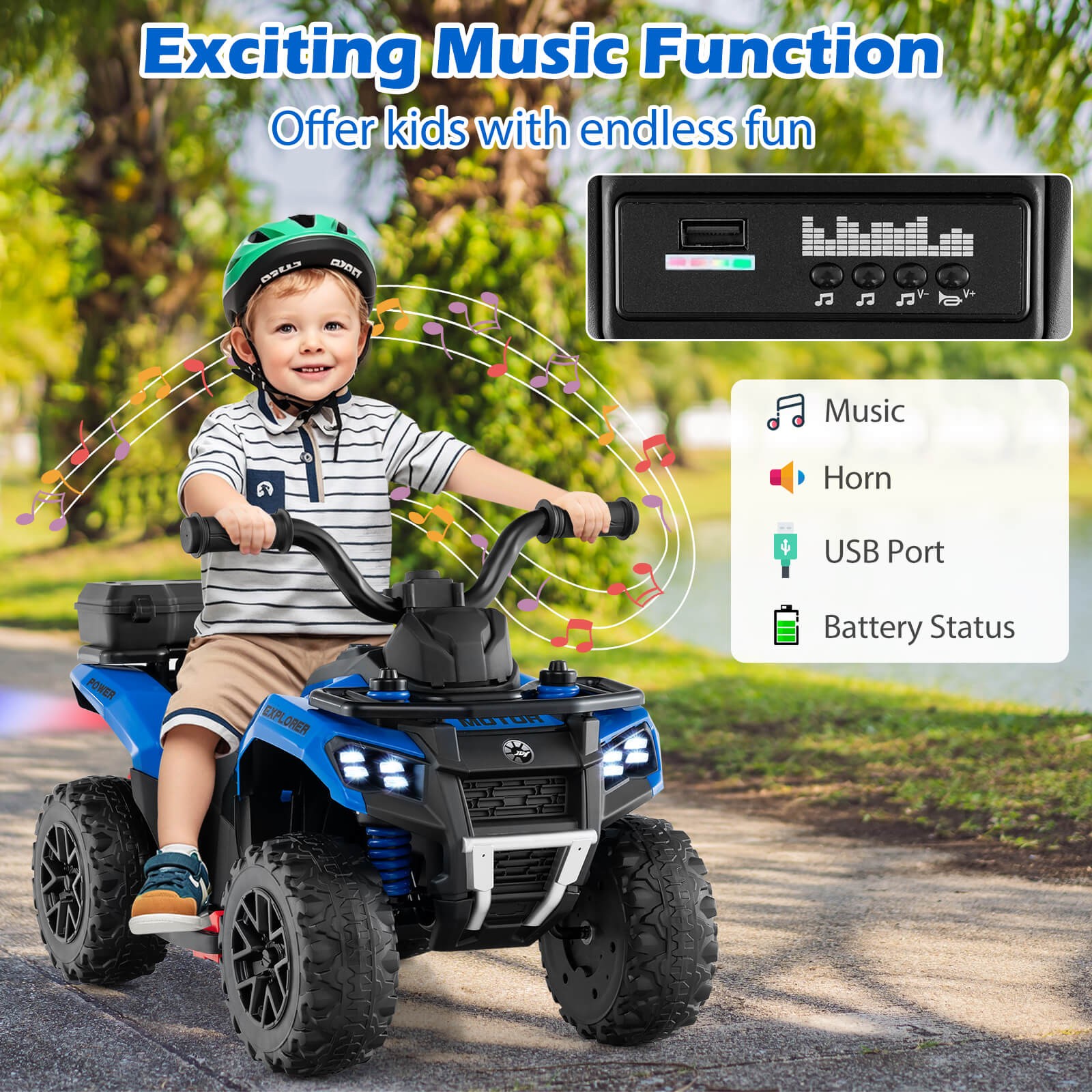 6V Kids Ride On ATV w/ Music & Spray Function USB Port Storage Box Toy Car