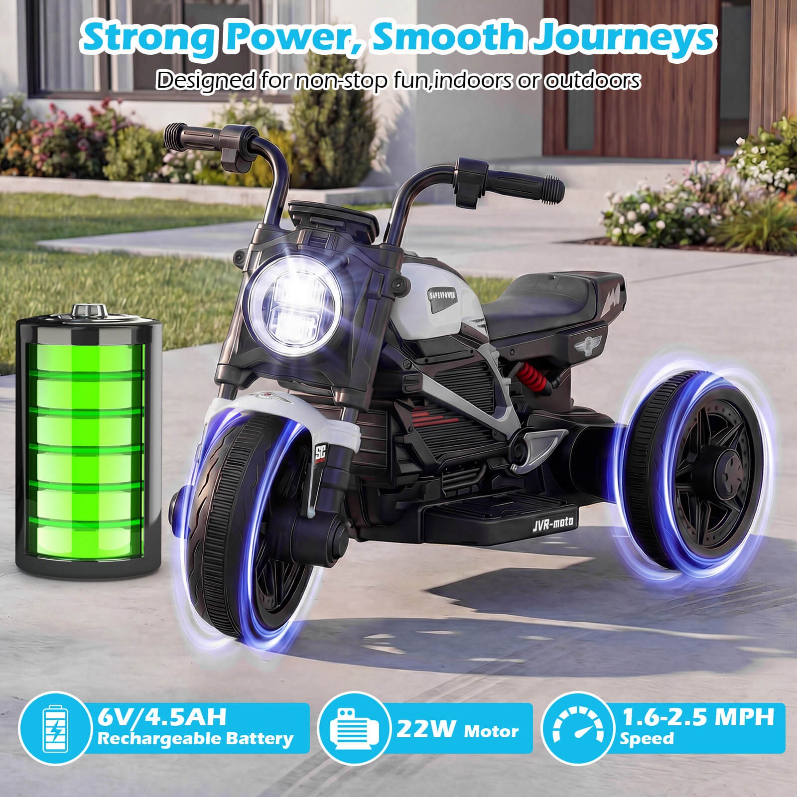 6V Kids Motorcycle w/Song,Story,LED Headlights,Accelerator Pedal&3 Wheels,White