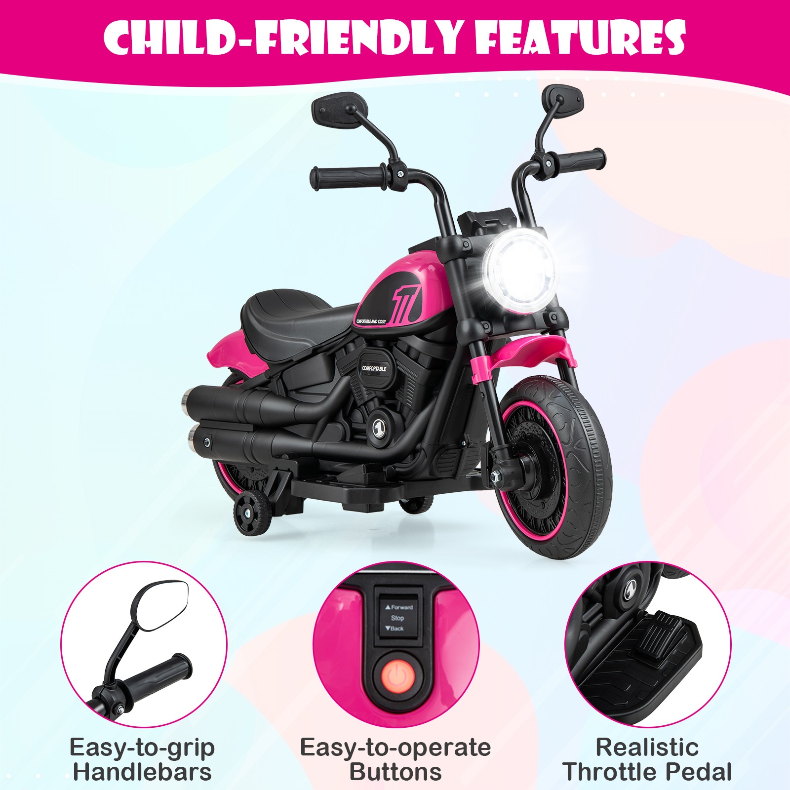 6V Kids Electric Motorcycle w/ Training Wheels LED Headlights Music Board Pink