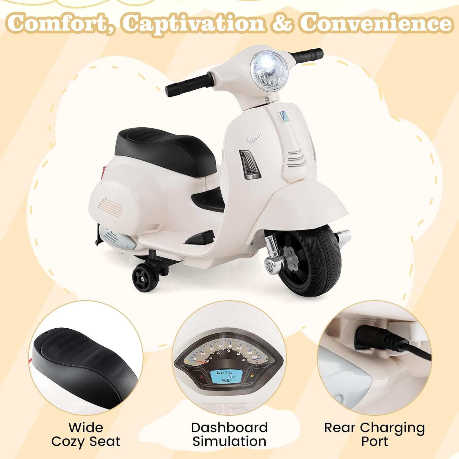 Kids’ Electric Vespa Motorcycle with Training Wheels and Realistic Design.