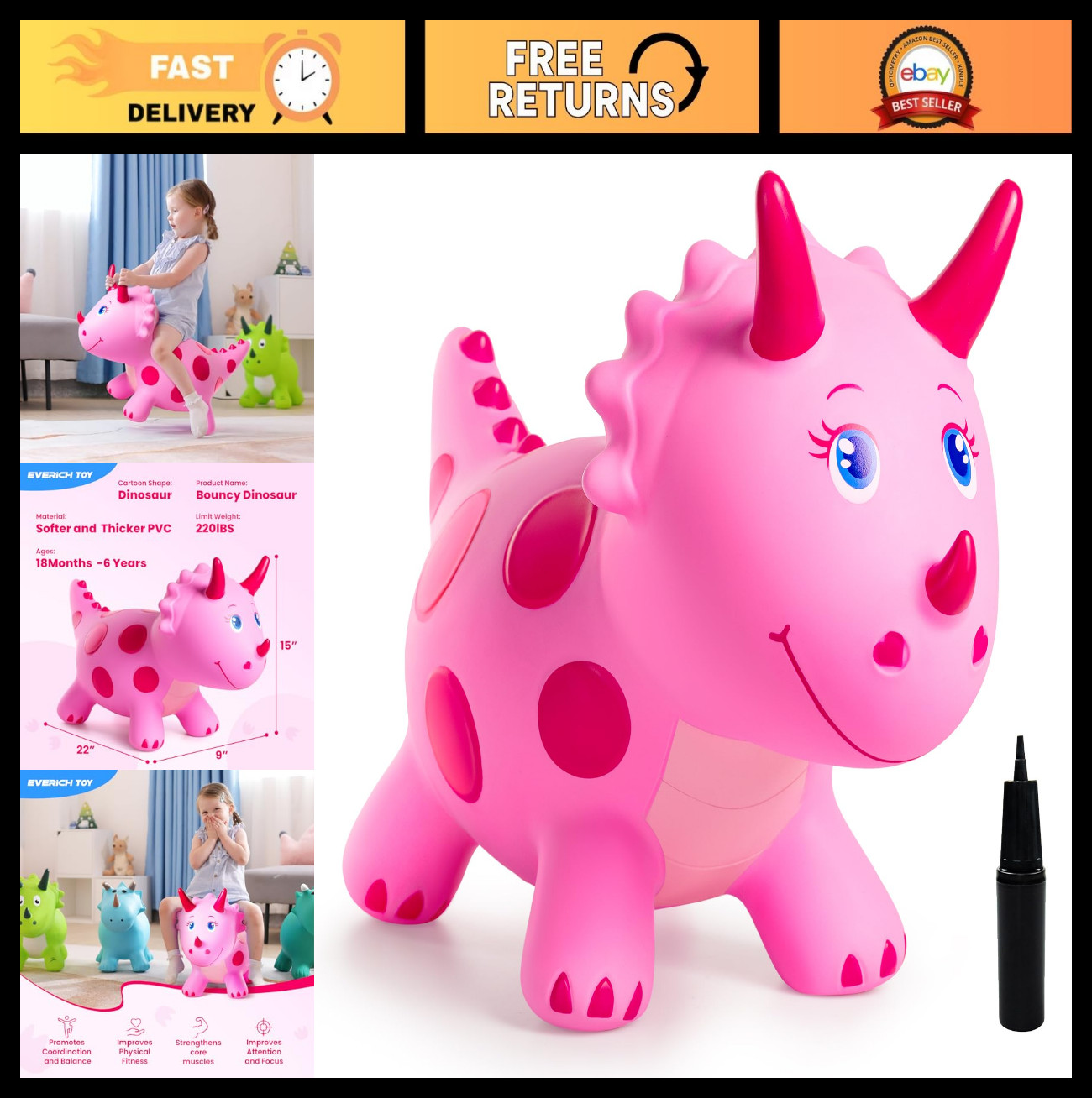 Pink Triceratops Bouncy Hopper Toy – Ride-On Inflatable for Kids 2-5, Indoor/Out