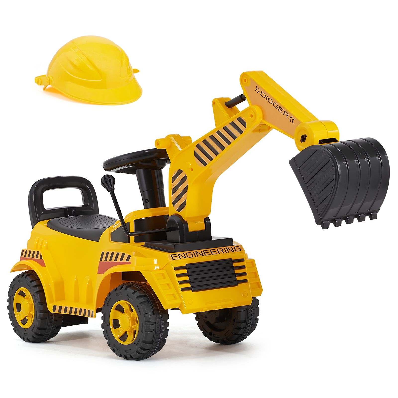 Toddler Ride On Excavator Digger Car with Helmet Music 55 lbs Capacity Yellow