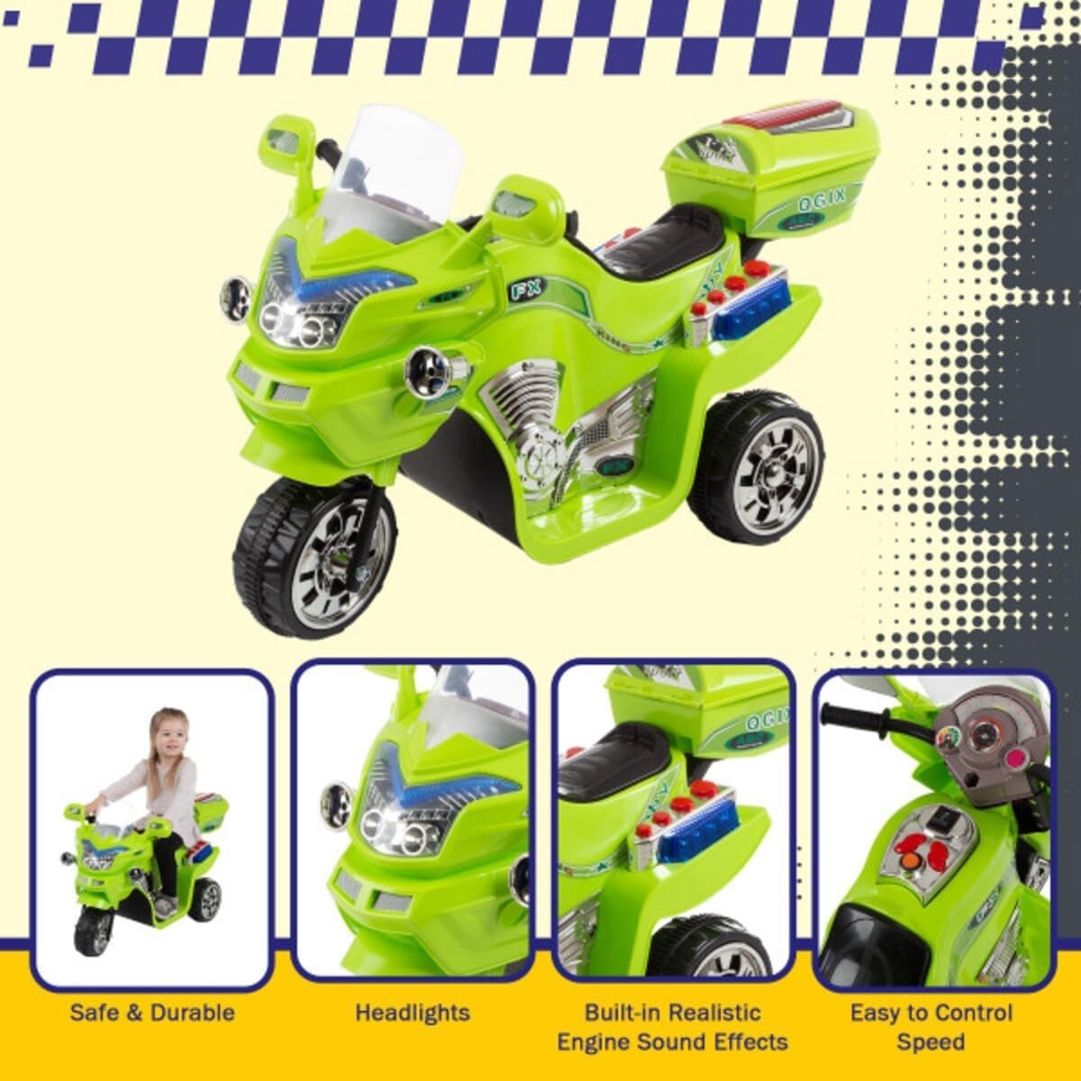 Kids Motorcycle Toy – 6V Battery Powered 3-Wheel Electric Motorcycle for Kids…