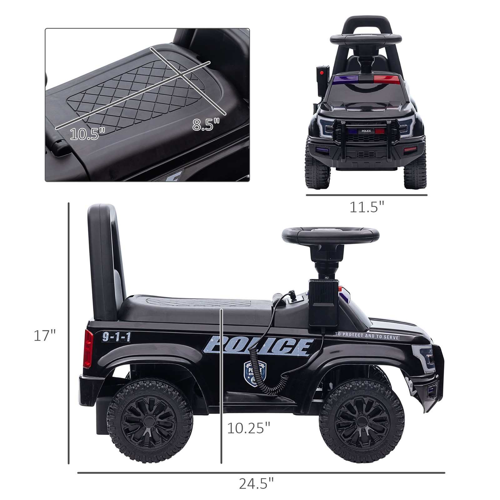 Kids Sliding Car Police Truck Style Ride On W/ Under-Seat Storage Black