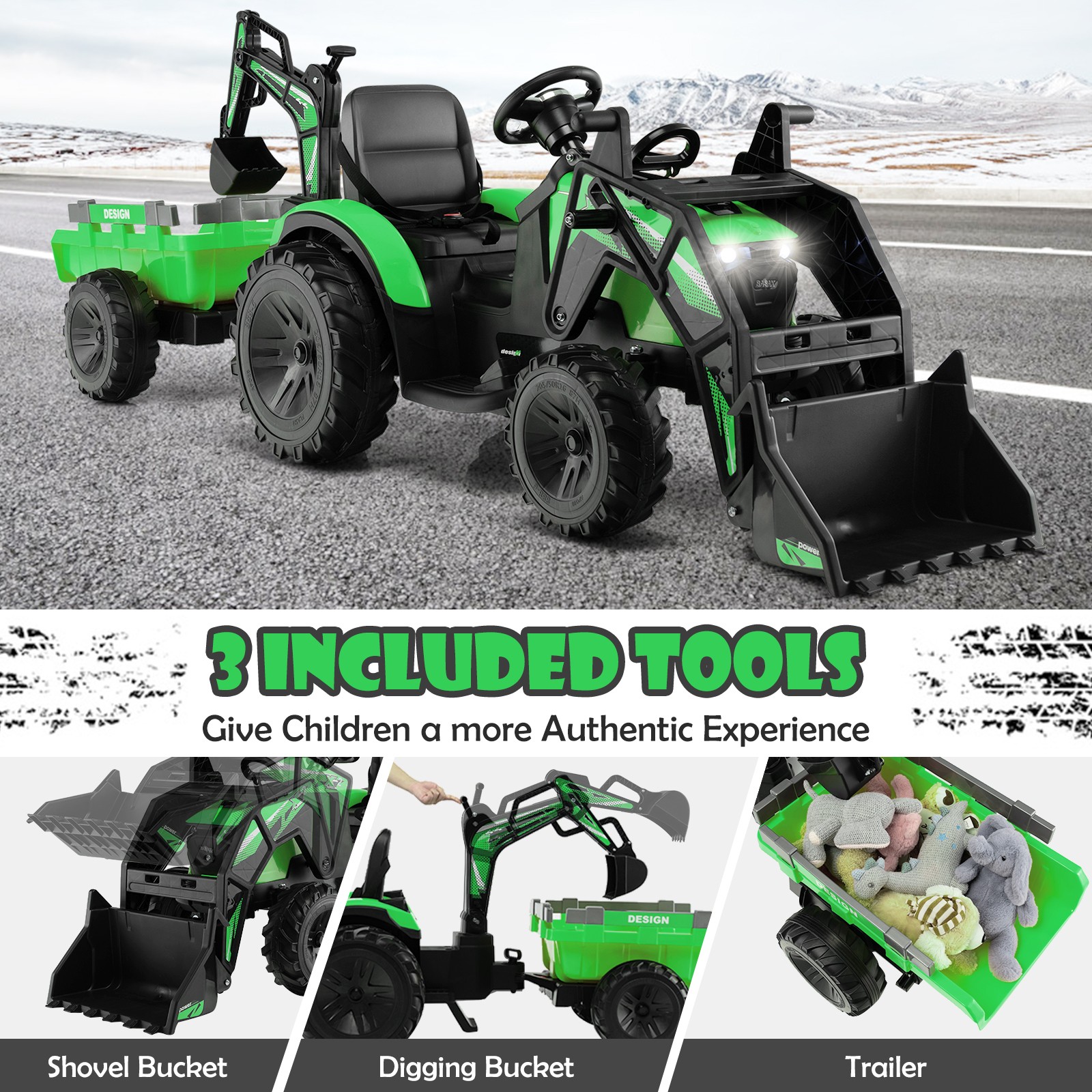 3-in-1 Kids Ride On Excavator Bulldozer 12V Electric Tractor Remote w/ Trailer