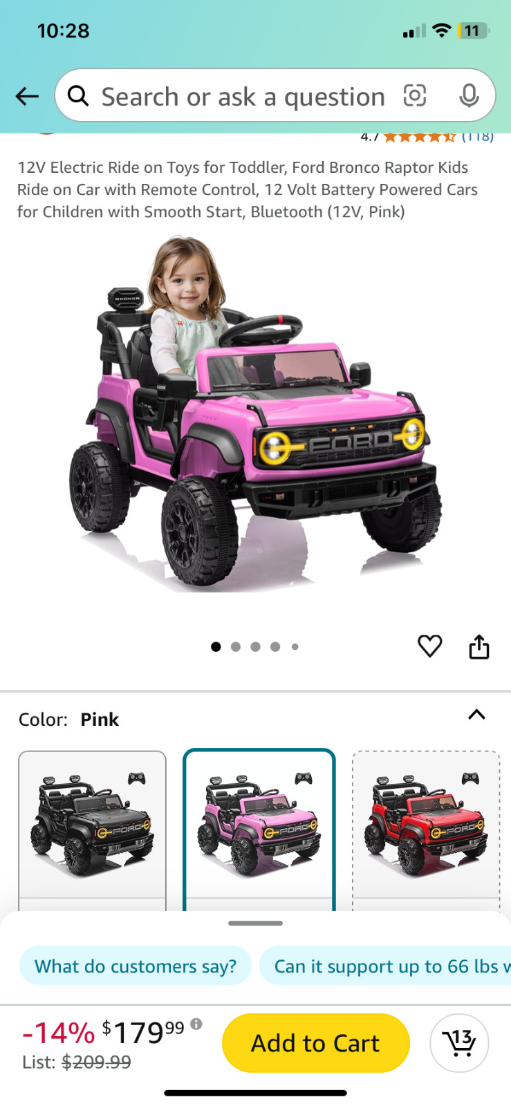12V Ford Bronco Raptor Ride on Car for Kids, Electric Power Car Ride-On Toy for
