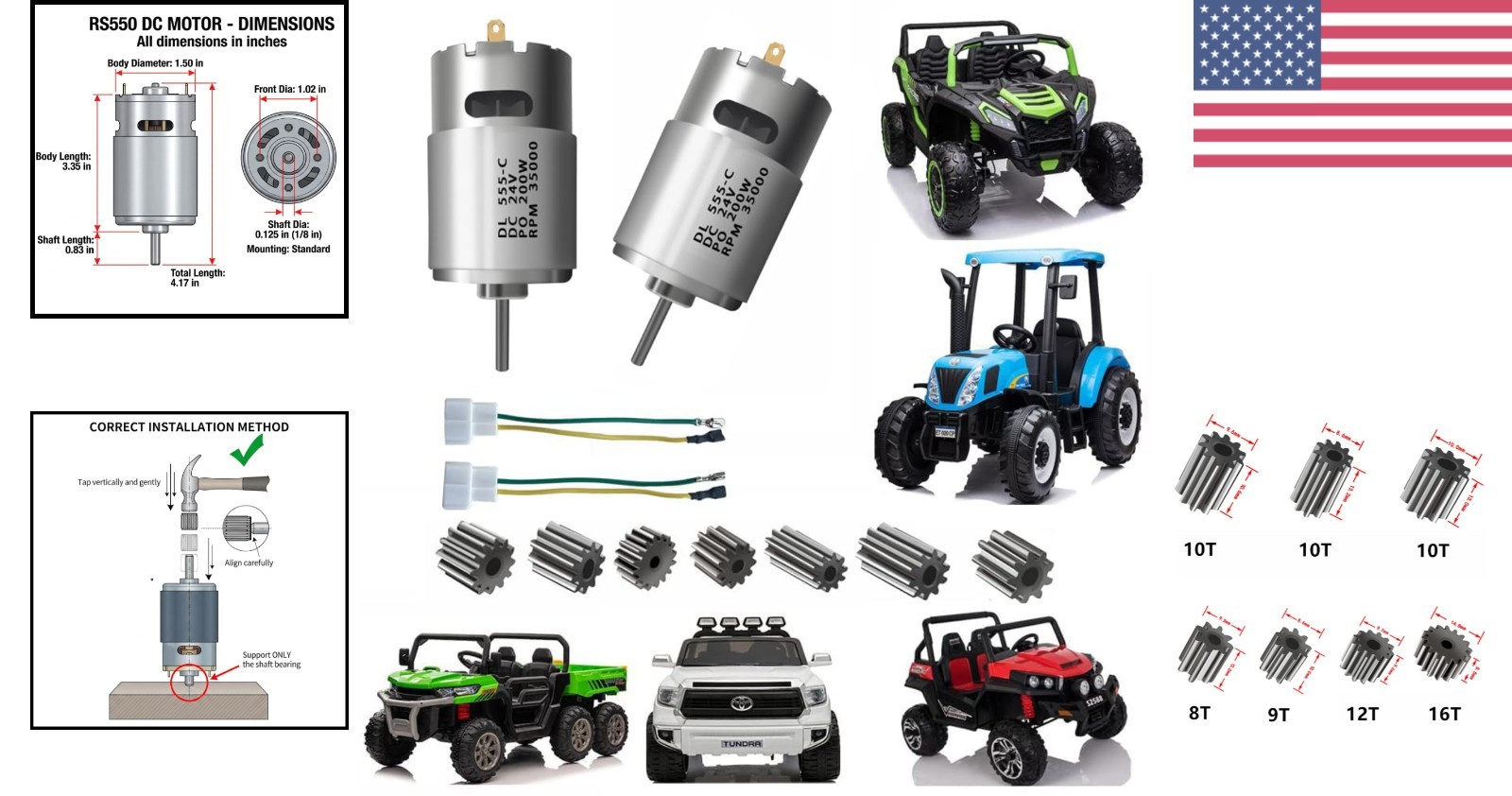 2 Pcs 24V RS555 High Speed Motor 35000RPM for Children Ride On Car Parts