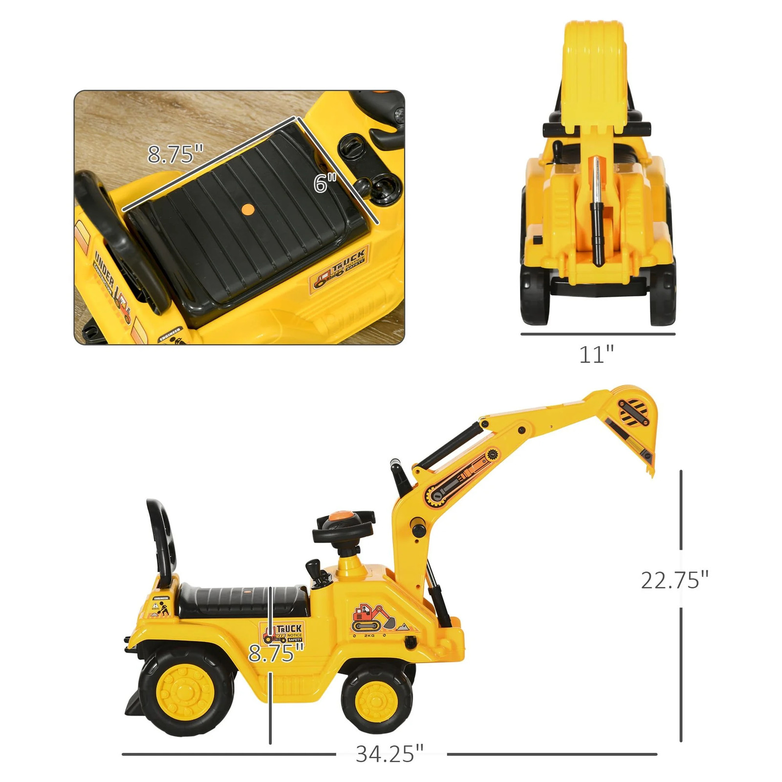 3-in-1 Kids Construction Ride On Toy Digger Excavator Scooter Pull Cart Play Tru