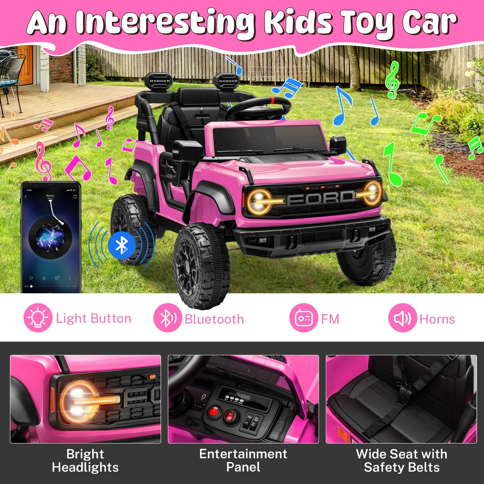 Ford Ride on Toy Cars, 12V Ford Bronco Raptor Powered Ride on Truck with Remote