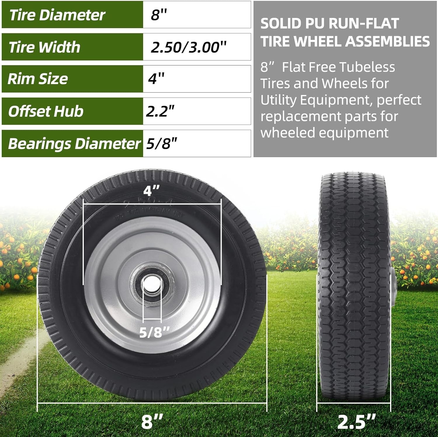 2-Pack 8-Inch Solid Wheel Replacement with Flat-Free PU Tires for Heavy-Duty Use