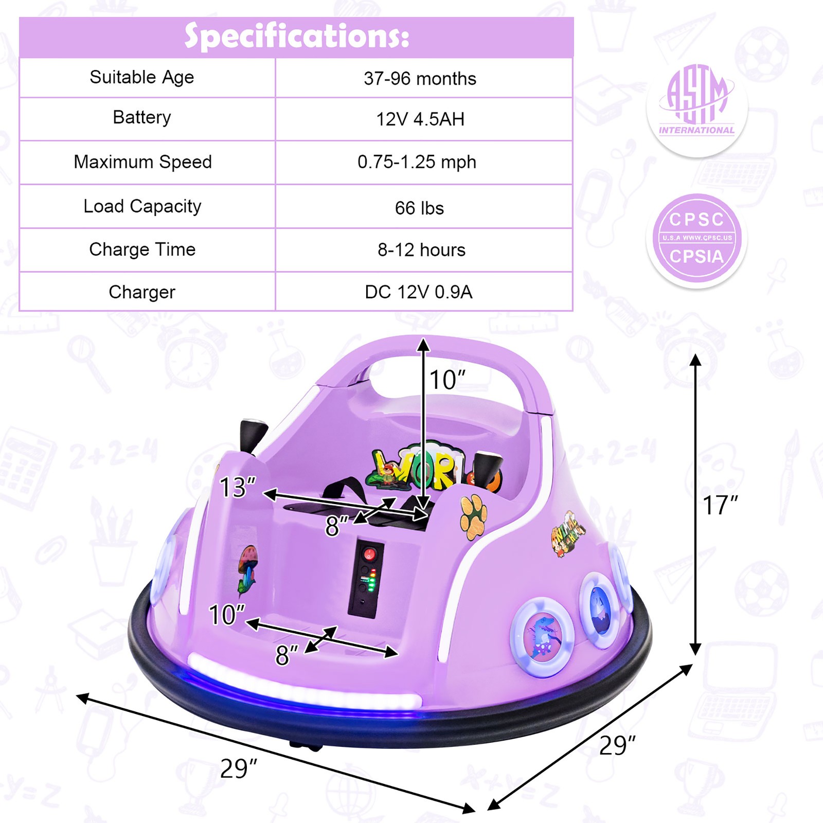 12V Kids Ride on Bumper Car Remote Control w/ Flashing LED Light & Music Purple