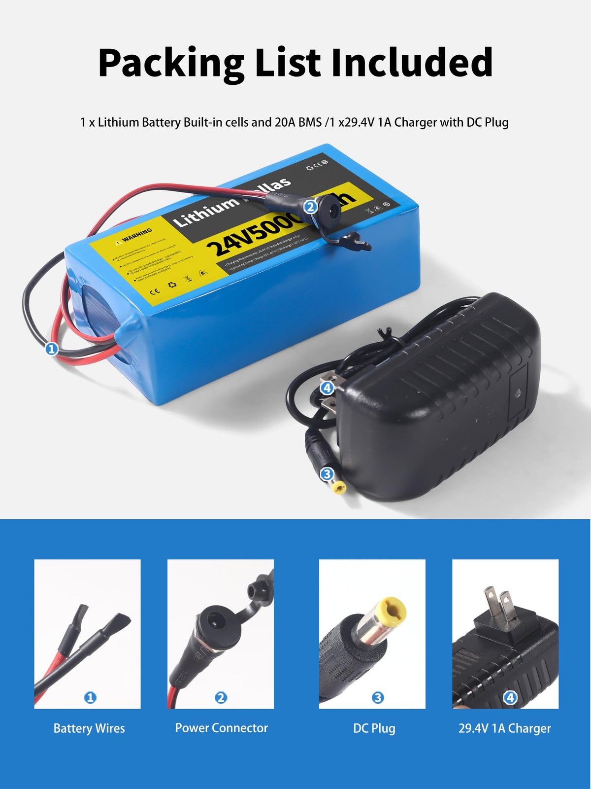 24V 5Ah Lithium Battery with 29.4V 1A Charger, 24 Volt Rechargeable Battery f…