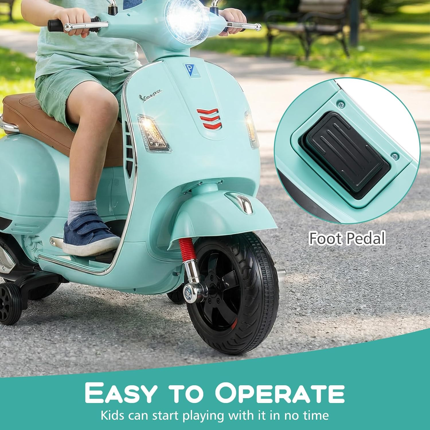Licensed Vespa 12V Kids Motorcycle by with Training Wheels, Music, Story, Horn,