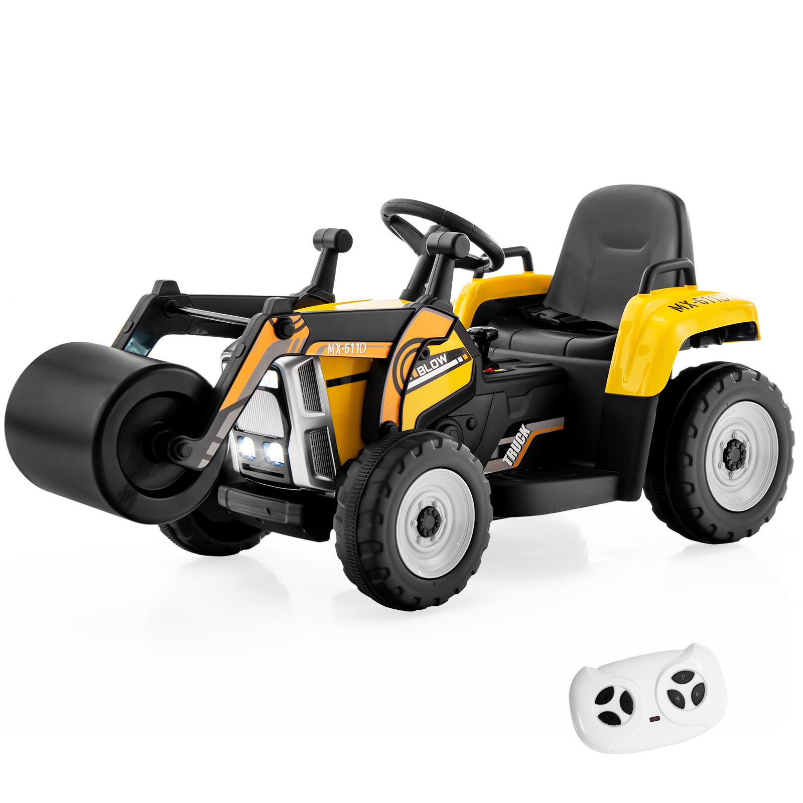 Kids Ride On Road Roller 12V Electric Tractor Remote w/LED Light &Music Yellow