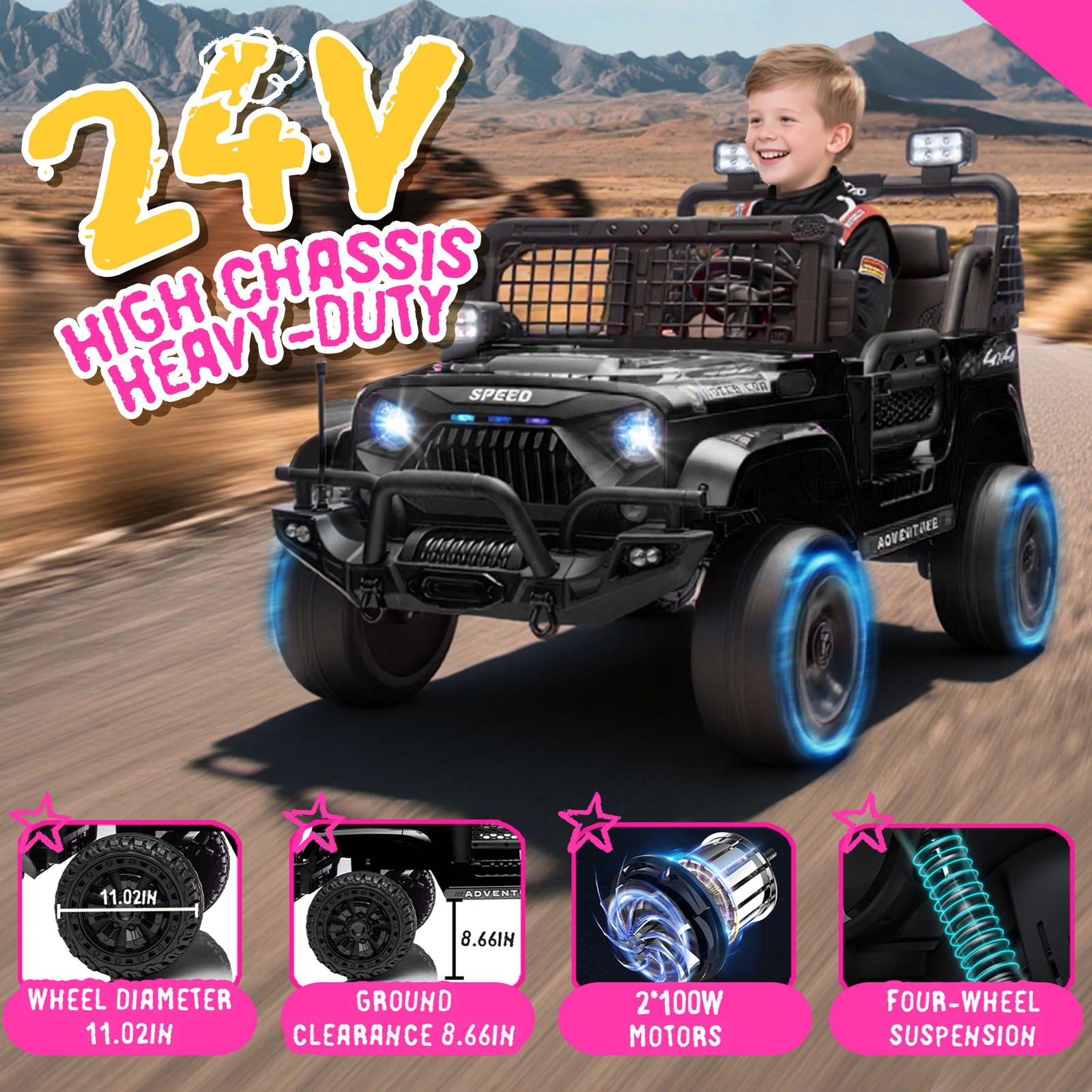 24V 100W*2 Two-seater Kids Ride On Car RC 4-Wheel Shock Absorption for kids 3-8