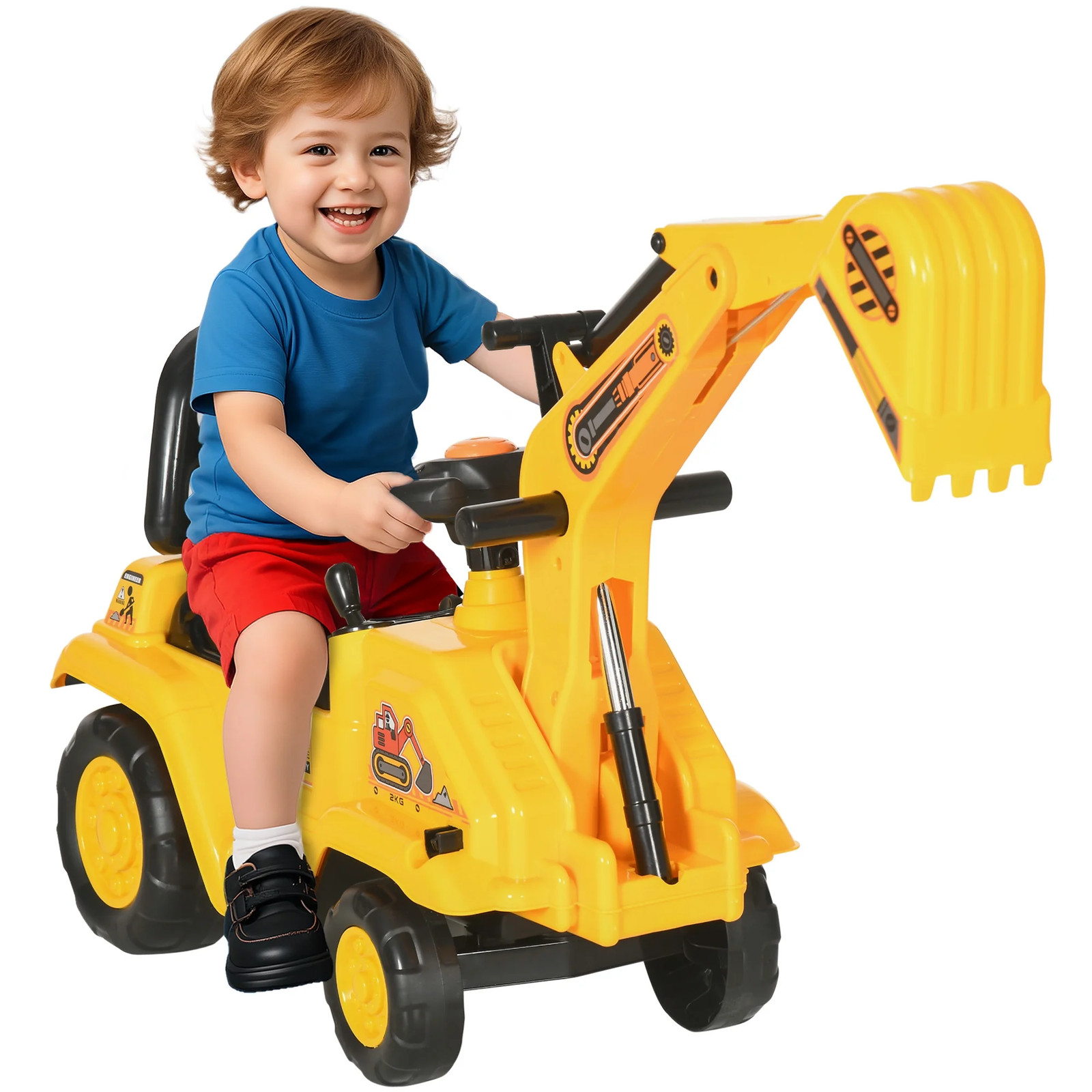 NO Power 3 in 1 Ride on Toy Excavator Digger Scooter Pulling Cart Pretend Play C