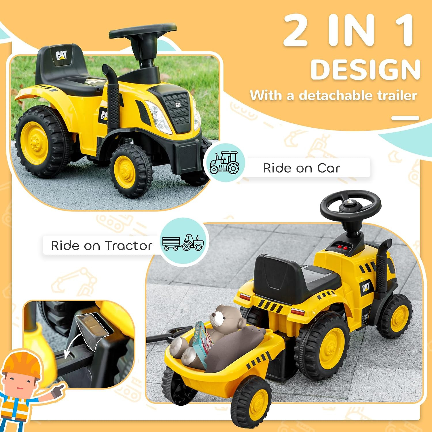 2 in 1 Ride on Tractor for Kids, Caterpillar Licensed Ride on Excavator with Sho