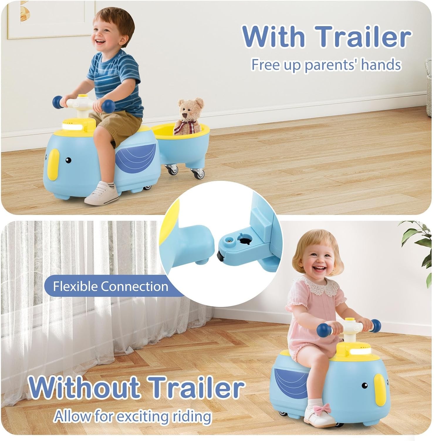 Ride On Push Car with Trailer, Indoor Outdoor Toddler Riding Toys w/Under-seat