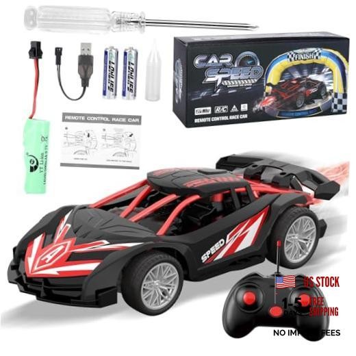 1/18 RC Car for Kids with Rechargeable Battery, LED Lights & Spray – Remote