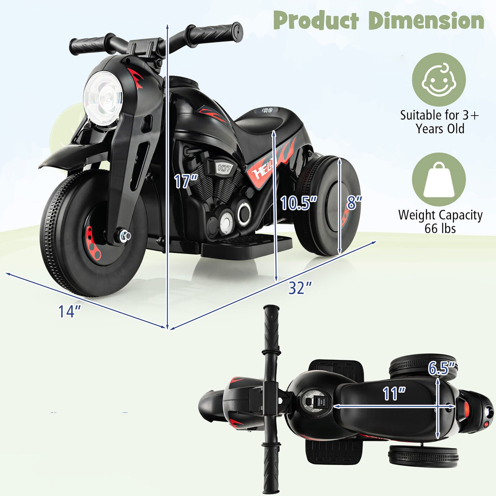 6V Kids Bubble Car Electric Ride on Motorcycle w/Music Button, Headlight Black