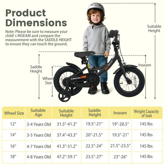 12/14/16/18 Inches Kids Bike with Removable Training Wheels and Adjustable Seatf
