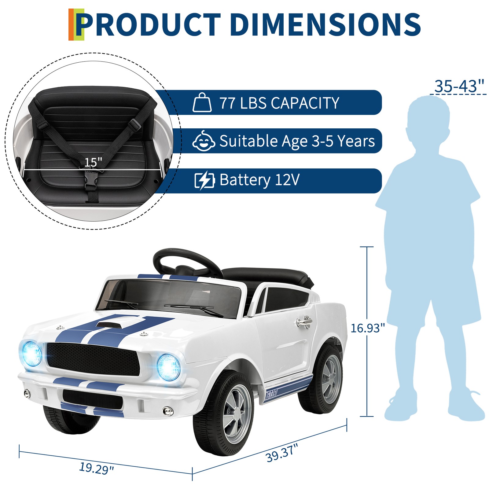 12V Kids Ride On Car w/ Remote, Bluetooth Music, LED Lights, 2 Speeds,3-8 Years
