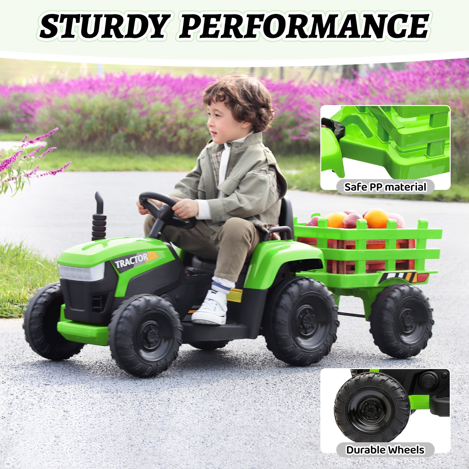 TOBBI 12V Battery-Powered Tractor Kids Ride-On Cars Electric Vehicle w/ Trailer