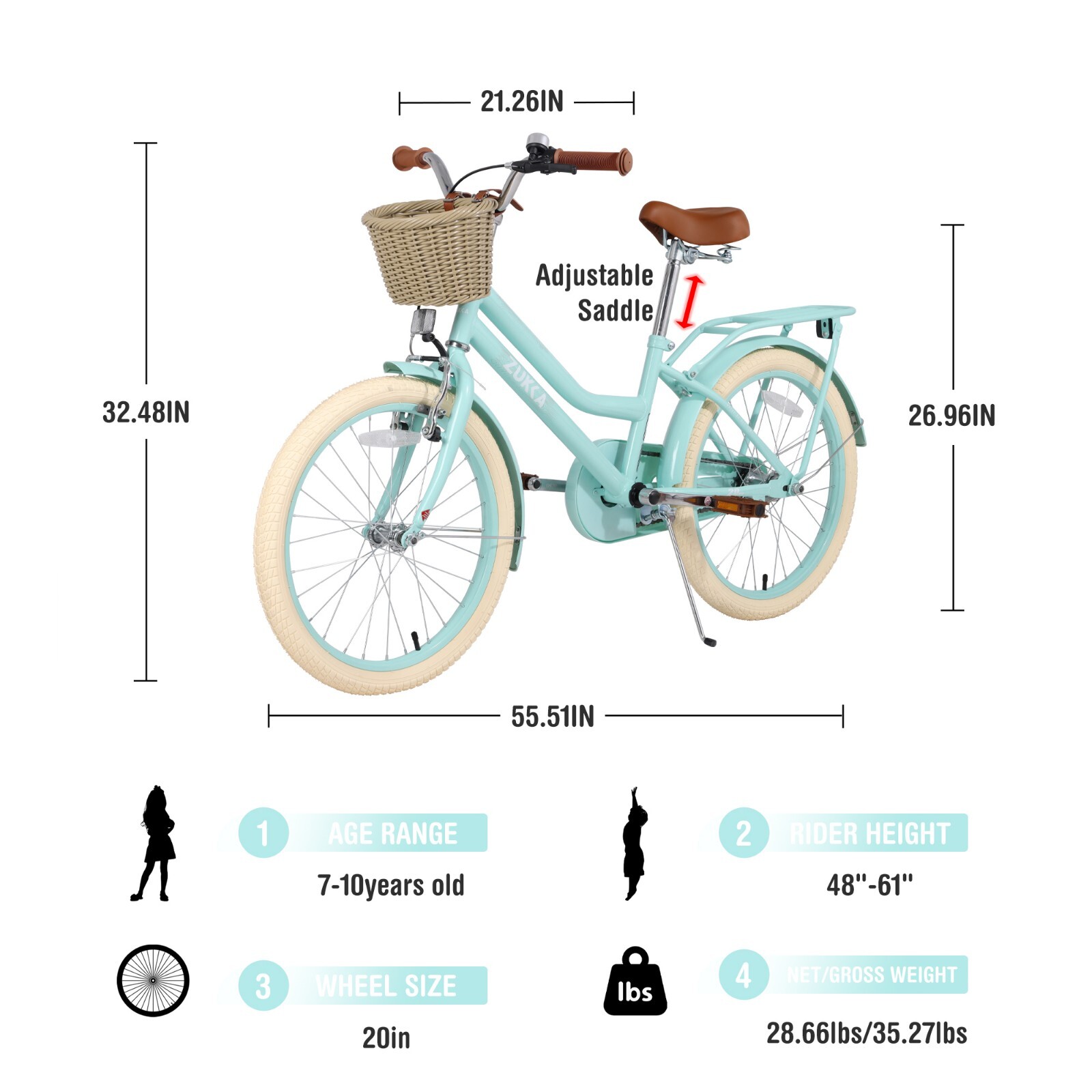 20″ Kids Bike for Teenager 7-10 Years Girls Single Speed with Woven Basket Green