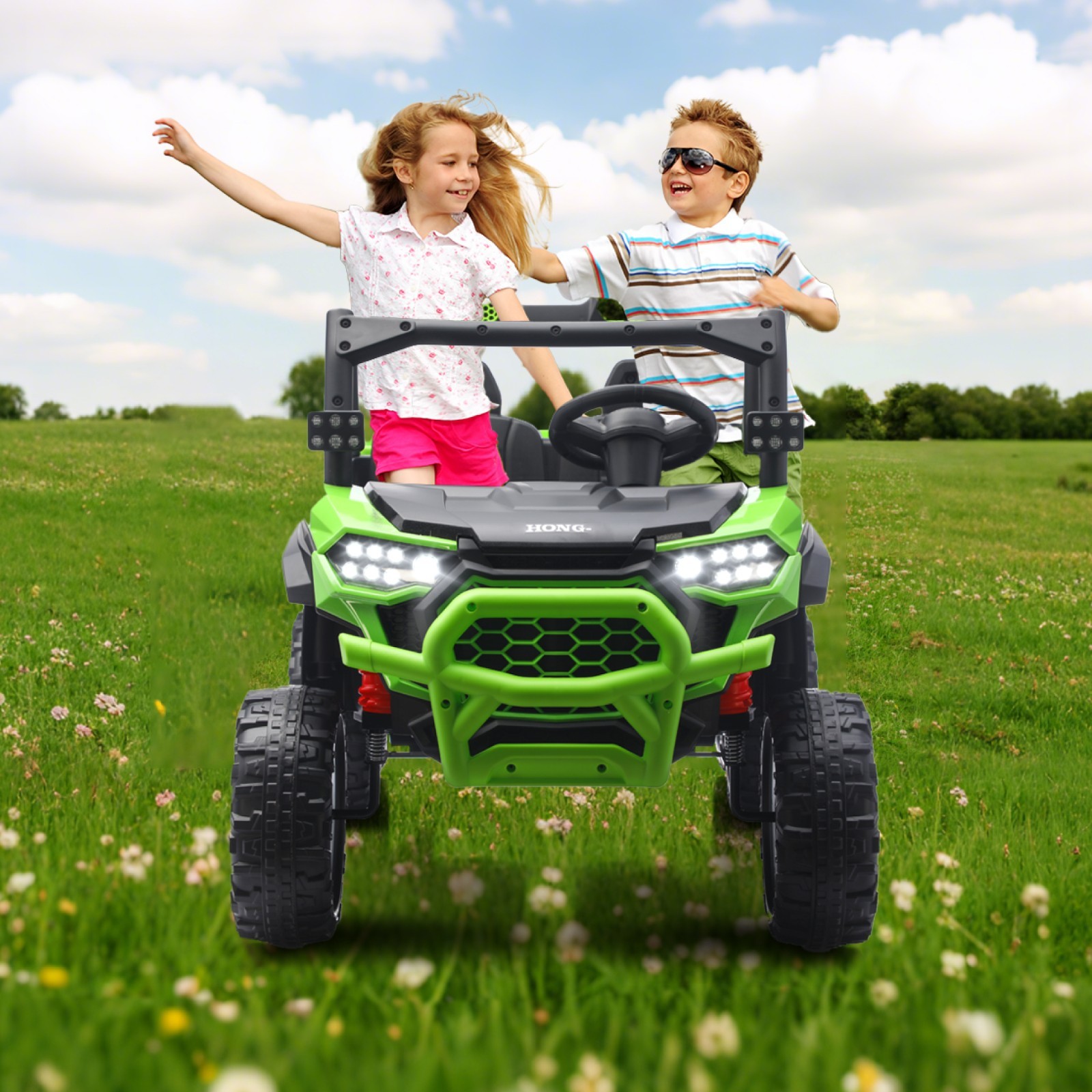 Green 24V Ride on Electric Dump-bed Truck Off-road 7mph 2 Seater Car with Remote