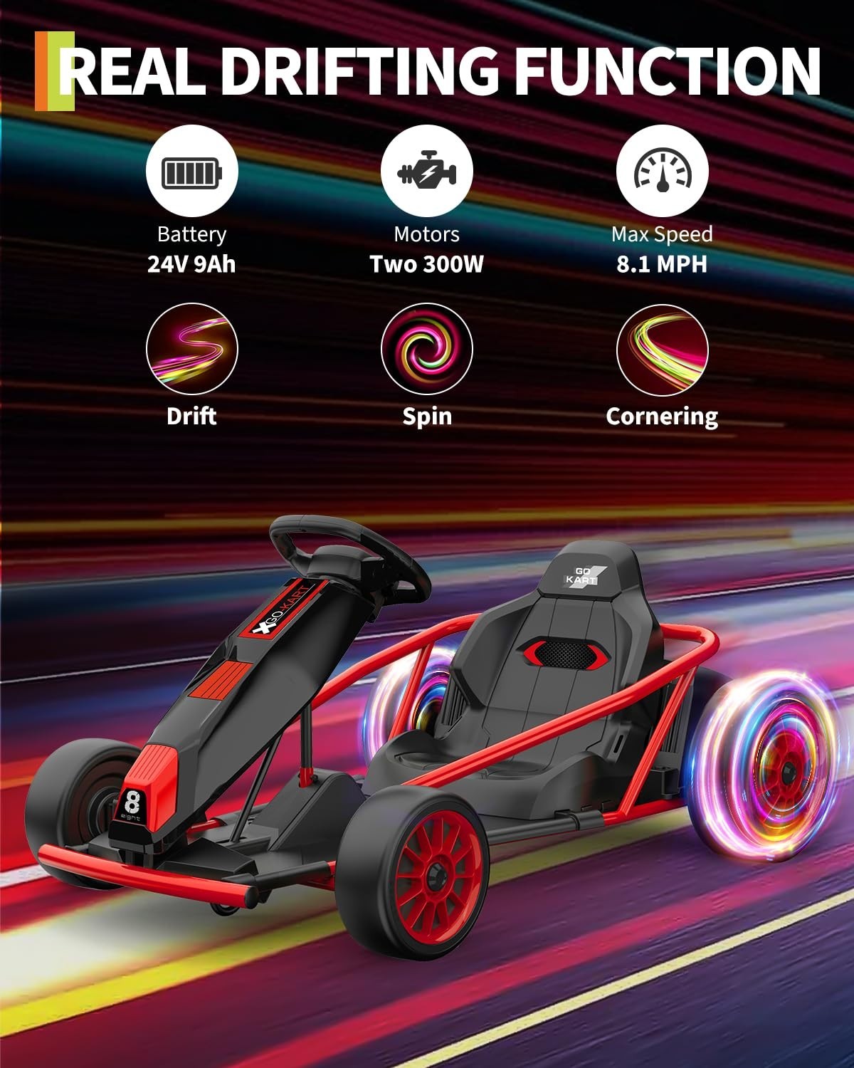 24V Go Kart for Kids High Speed Drifting Outdoor Ride On Toy for Teens W/ Music