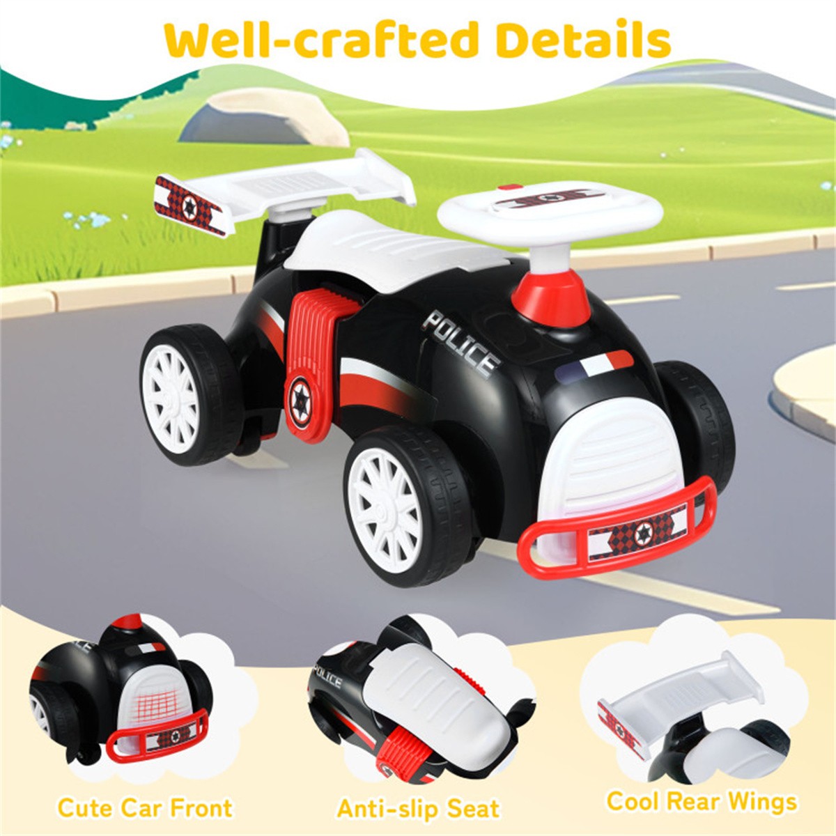 Toddler Ride On Sliding Car with Music Storage Seat for 1-3 Years Police Theme