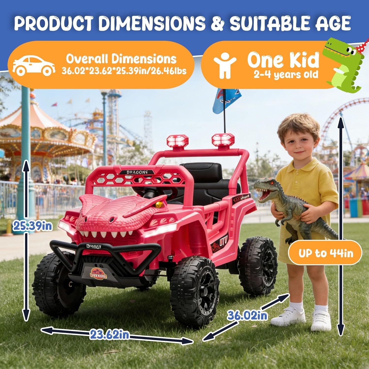 12V Dinosaur Ride On UTV Kids Electric Vehicle with Parent Control 3 Speeds 6…