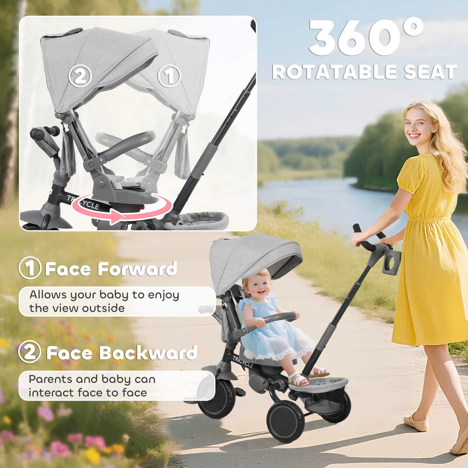 6 in 1 Kids Tricycle with Adjustable Push Handle for 1-5 Years, Gray