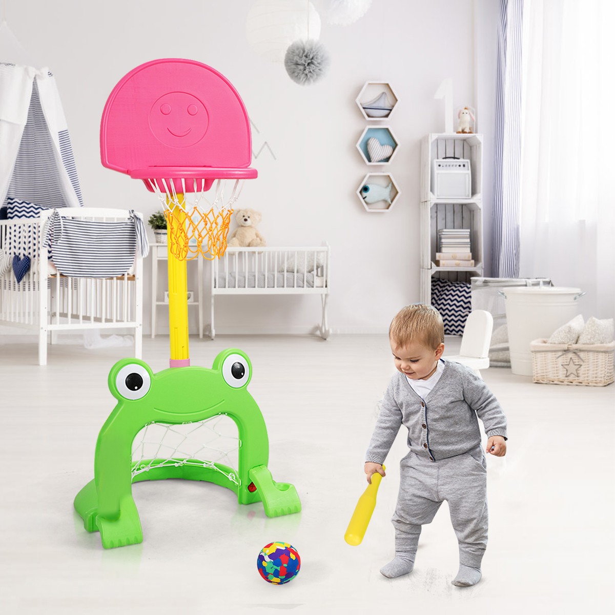 3-in-1 Kids Basketball Hoop Set Stand Adjustable Sports Activity Center w/ Balls