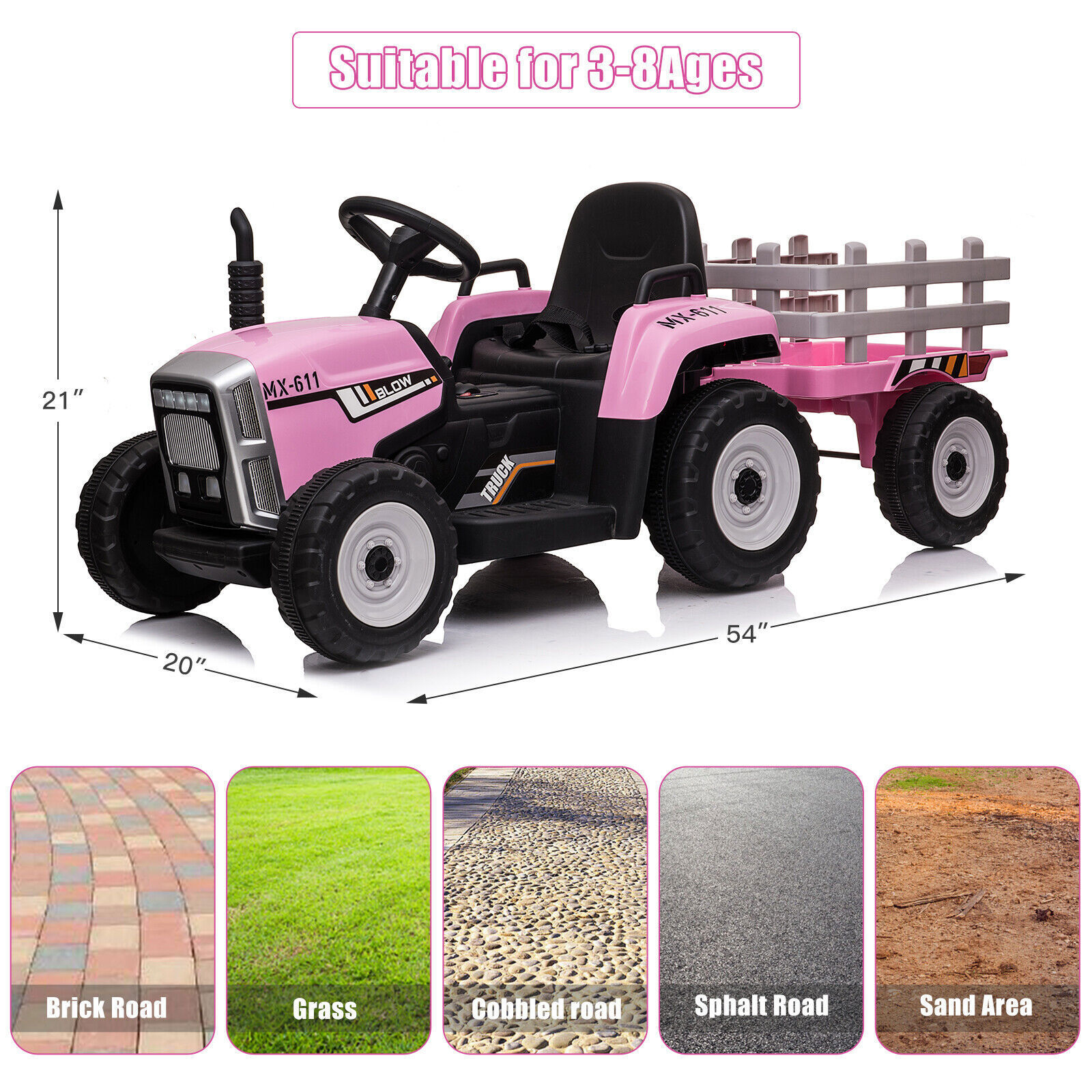 12V Kids Electric Tractor with Trailer Toddler Ride On Car w/ Remote Control