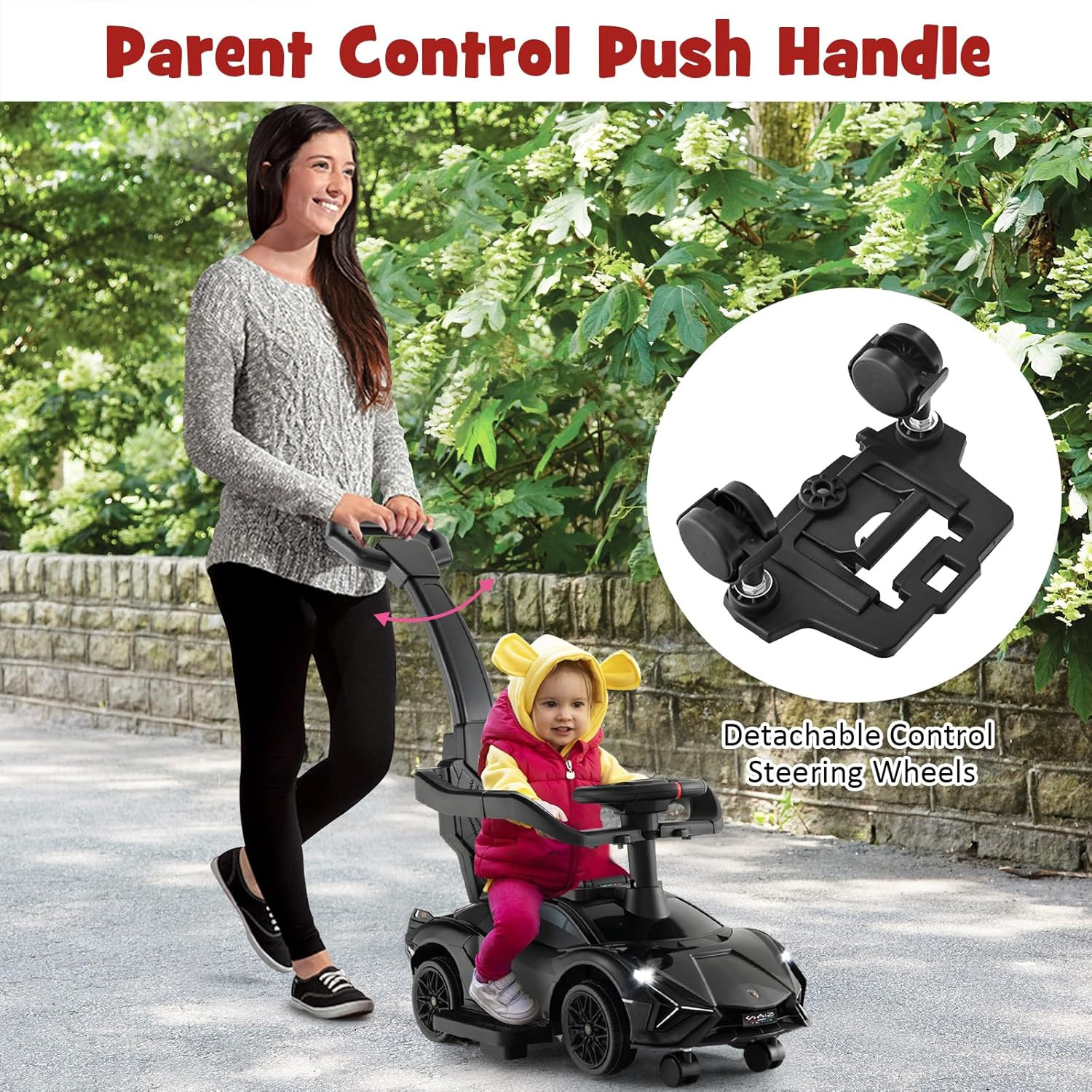 3 in 1 Ride on Push Car, Licensed Lamborghini Baby Stroller Sliding Walking Car
