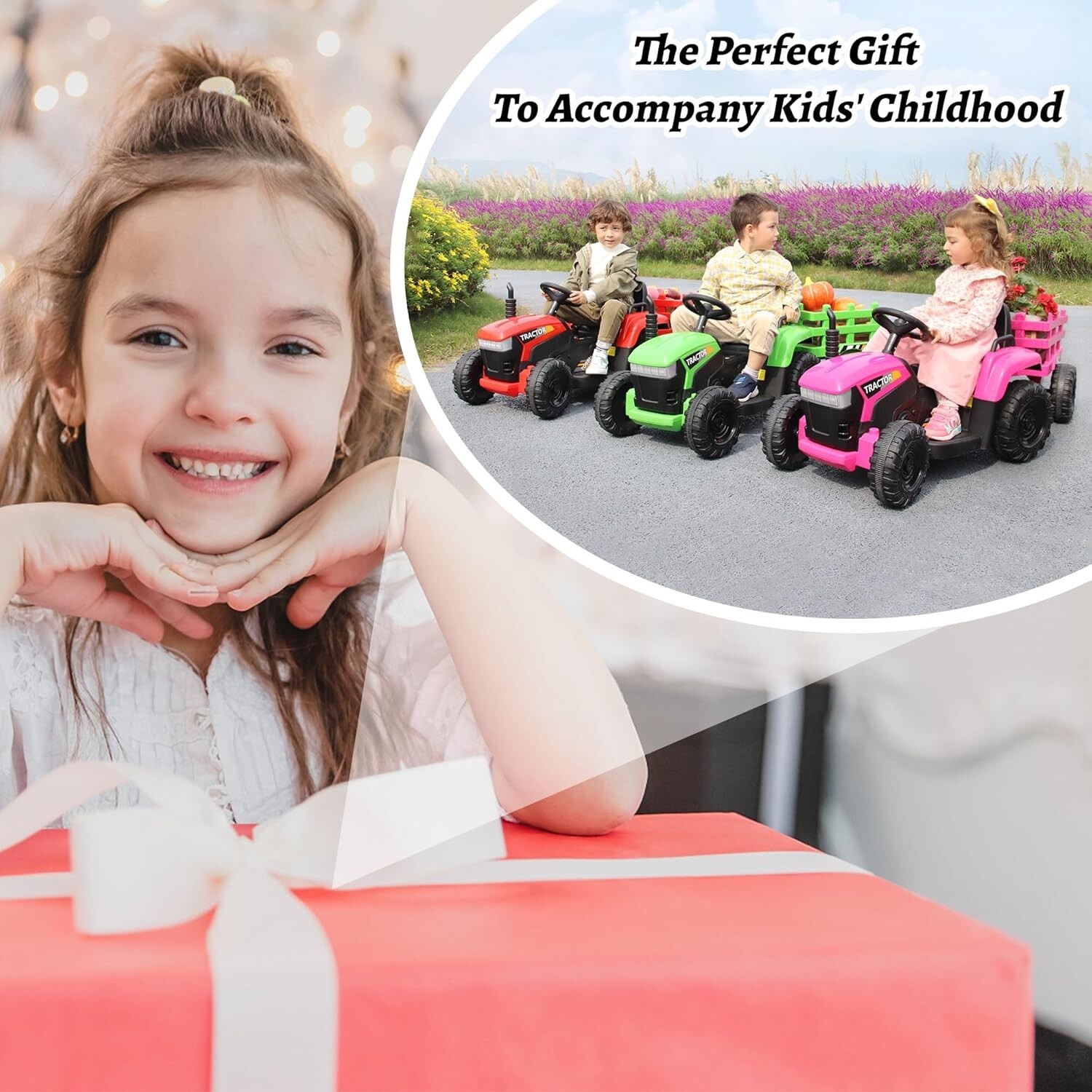 TOBBI 12V Kids Ride On Tractor Battery-Powered Toy with Trailer 35W Dual Motors