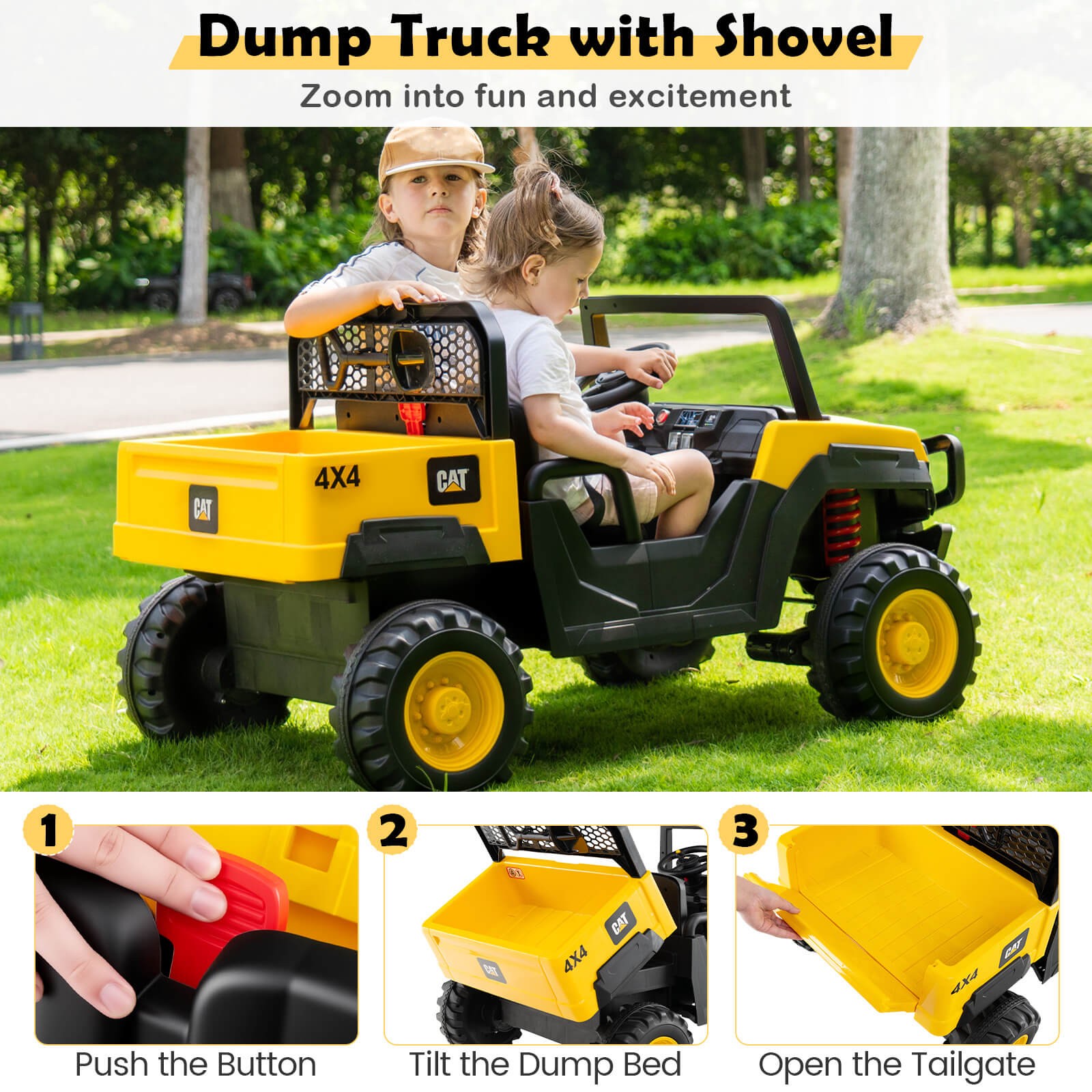 24V Ride On Dump Truck w/Remote Control, Dump Bed, Shovel, Music, Soft Start