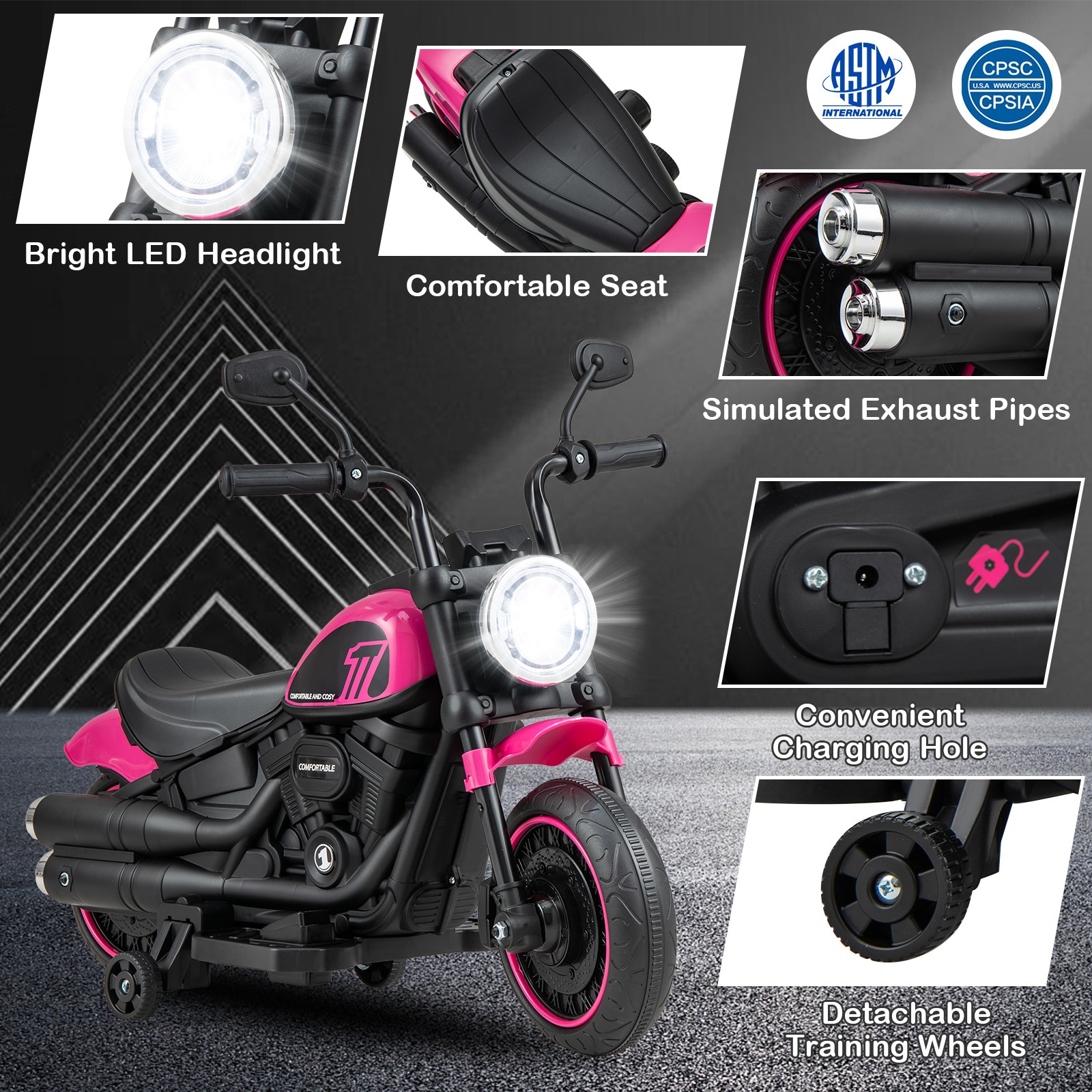 6V Kids Electric Motorcycle w/ Training Wheels LED Headlights Music Board Pink